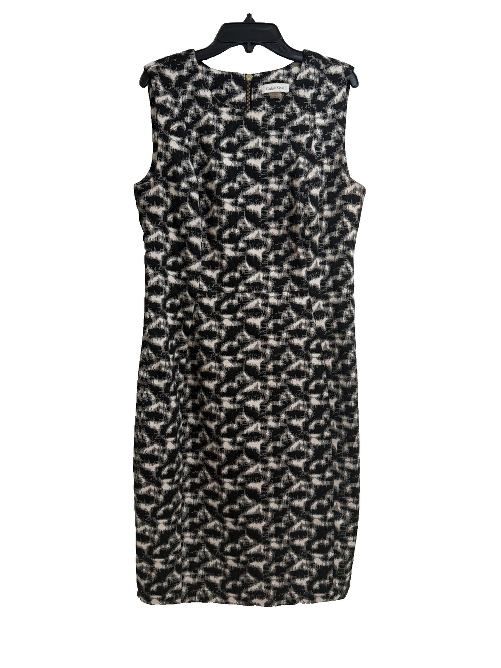 Calvin Klein Size 12 Black White Abstract Jacquard Sheath Dress Gold Zipper